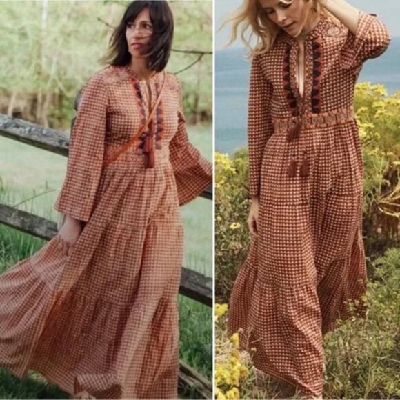 Doen Prem Midi Dress Orange Tassel Long Sleeve Embroidered V Neck